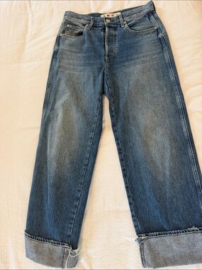 AMO Boyfriend Jeans in Medium Blue Wash with Cuffed Hem